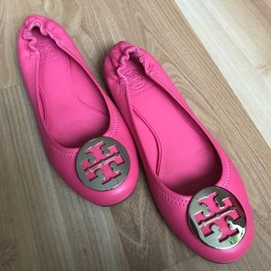 Bright Pink Tory Burch Leather Flats W/ Gold Decal